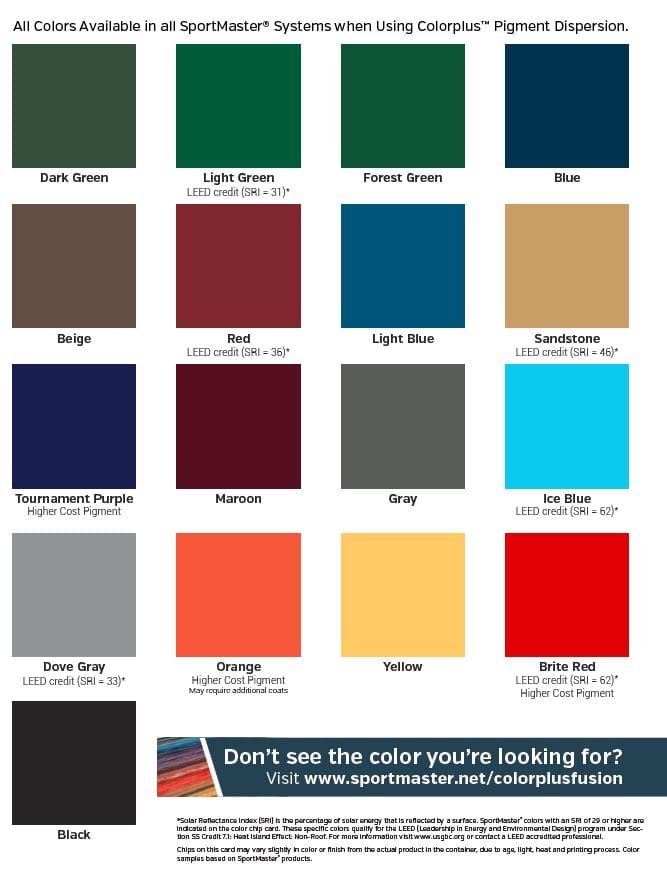 SportMaster sport court color swatch palette showing blues, greens, reds, terracotta, and gray acrylic coating options