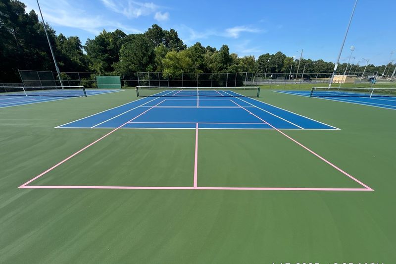Row of blue tennis courts with pink pickleball lines