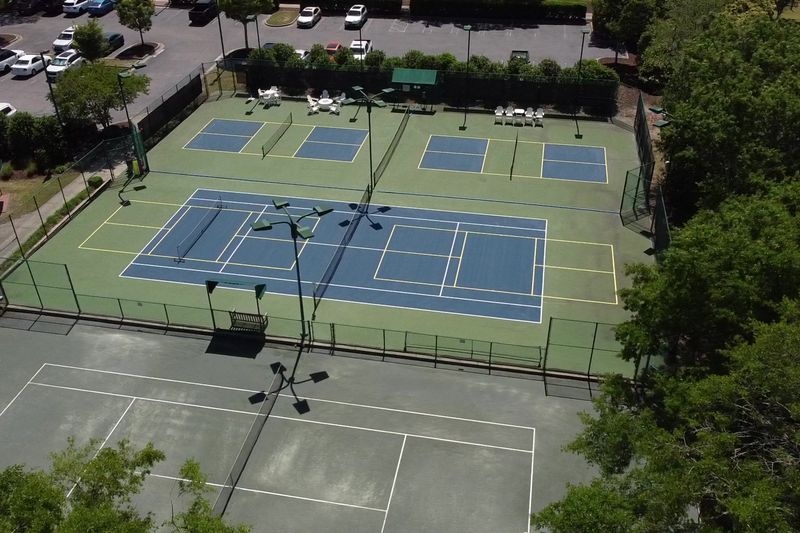 Aerial of the finished court complex from the parking side