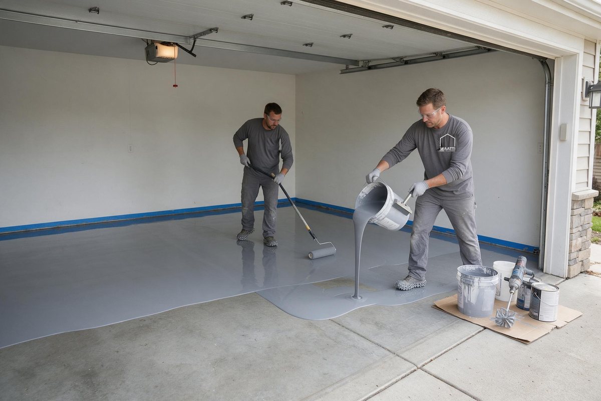 Service illustration: installer in spiked shoes broadcasting vinyl flake into a freshly rolled, still-wet gray epoxy base coat on a ground garage floor; sealed polyaspartic topcoat buckets wait for the next day