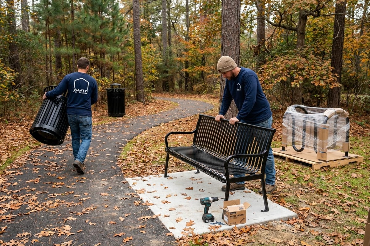 Service illustration: installer testing an anchored park bench while a second carries a receptacle lid down the path; bike rack staged on a pallet