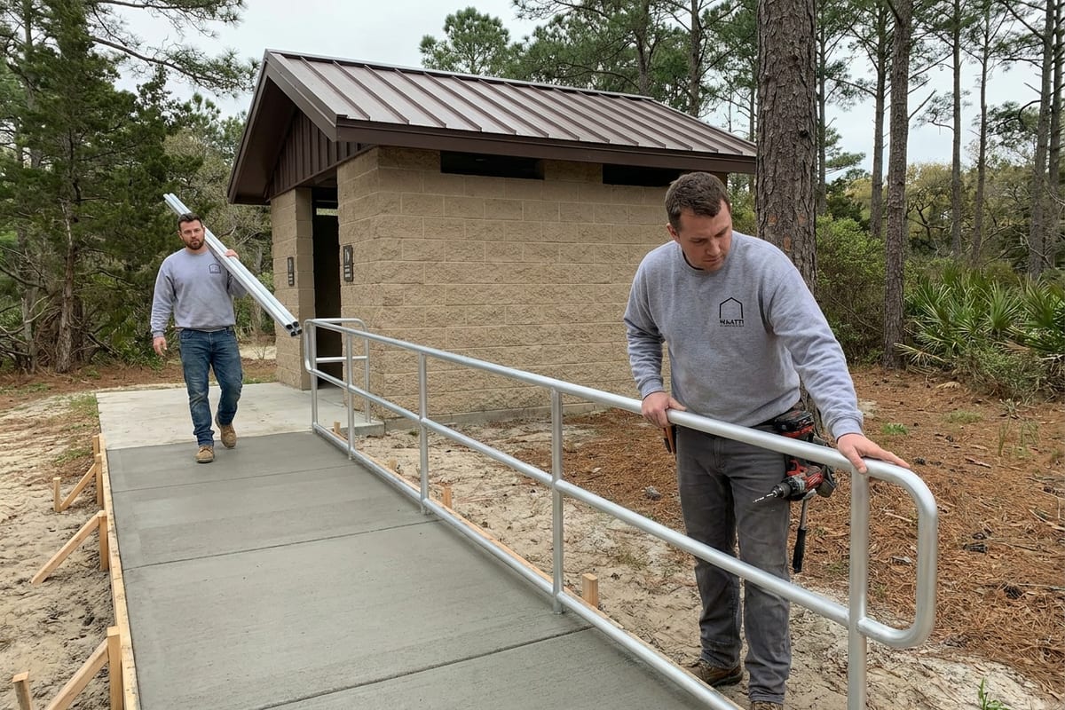 Service illustration: installer sighting down a new aluminum handrail on the accessible ramp of a precast park restroom while a second carries the next rail section