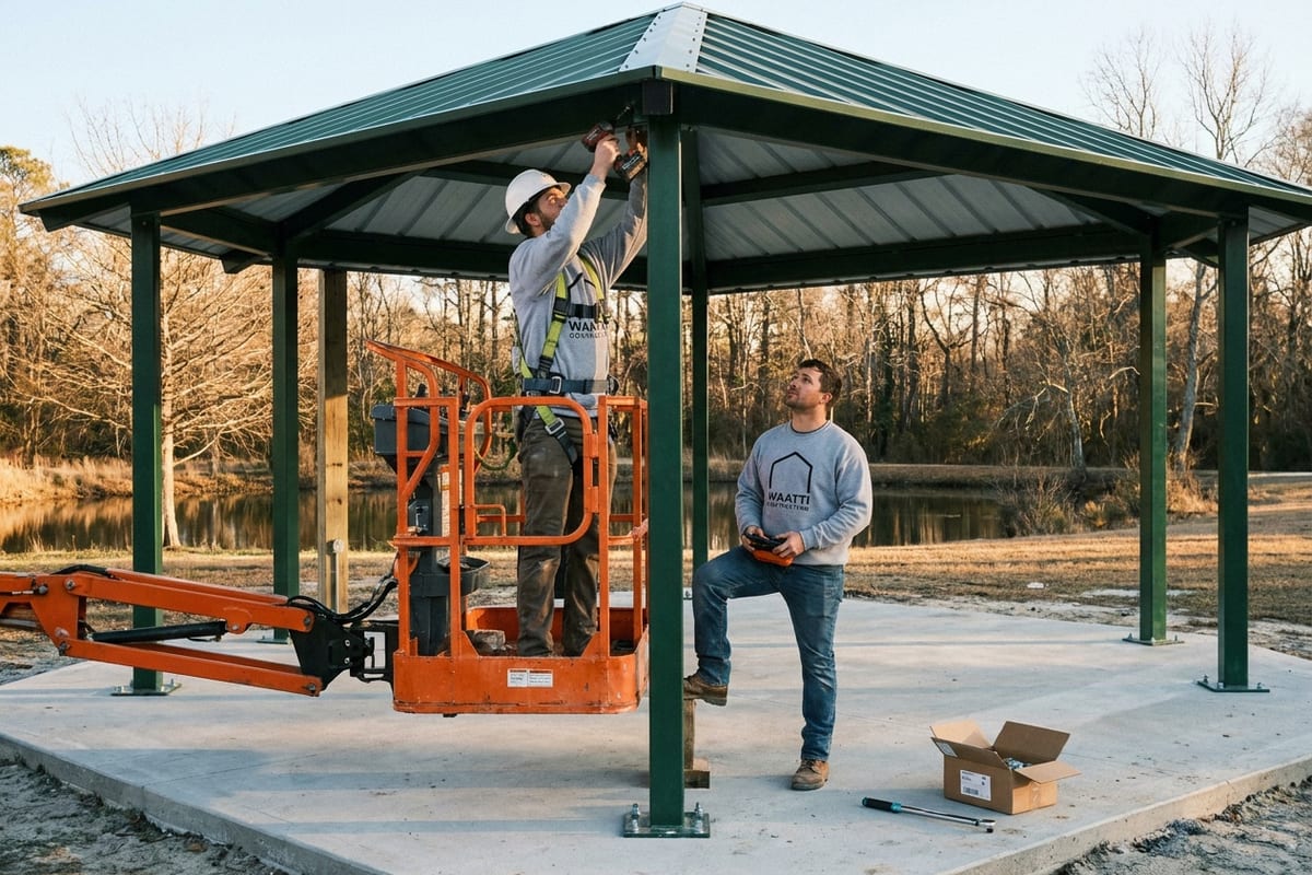 Service illustration: installer in a harness on a scissor lift fastening a shelter purlin while a spotter on the slab holds the lift controls
