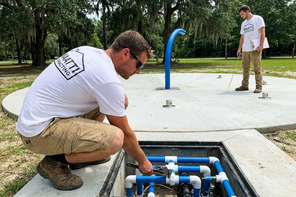 Service illustration: installer squatting at the open mechanical vault tightening a PVC union while a second measures a nozzle location on the splash pad slab
