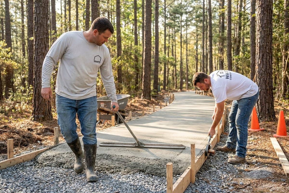 Service illustration: one finisher bull-floating a fresh concrete park trail while a second edges the slab along the form